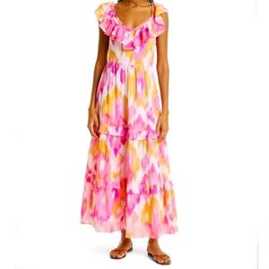 Banjanan Twiggy Maxi Dress Boho Tiered Ruffle Organic Cotton Ikat Rose Print L